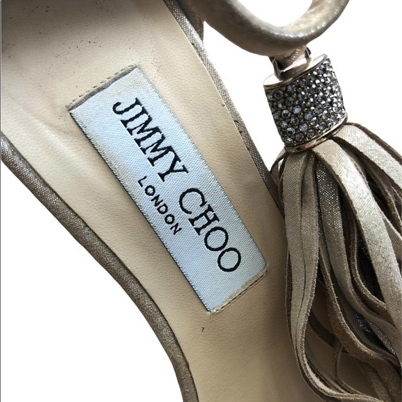 JIMMY CHOO Viola 110 Tan Suede Crystal Tassel High Heeled Sandals Size EU 37.5 - Picture 4 of 15